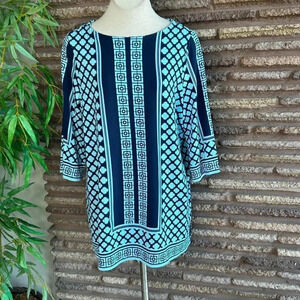 Charter Club Aqua Dark Blue Geometric Print Tunic Sheath Dress Size 1X